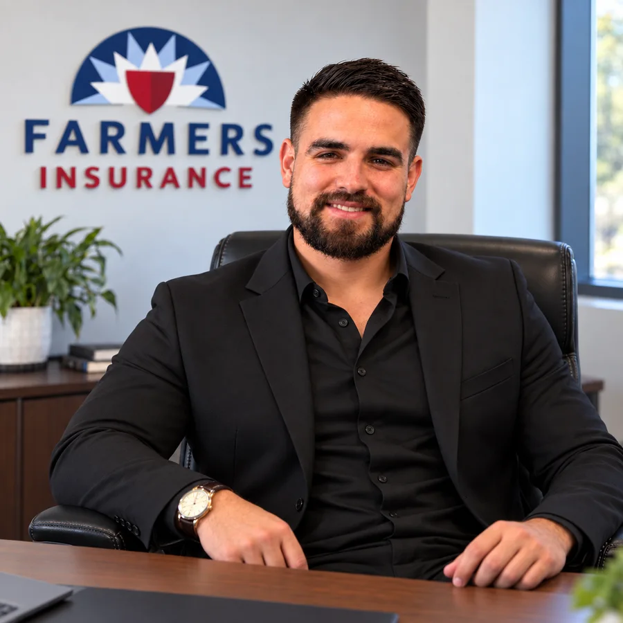 Raheem Lucio seated at his desk in the Farmers Insurance office